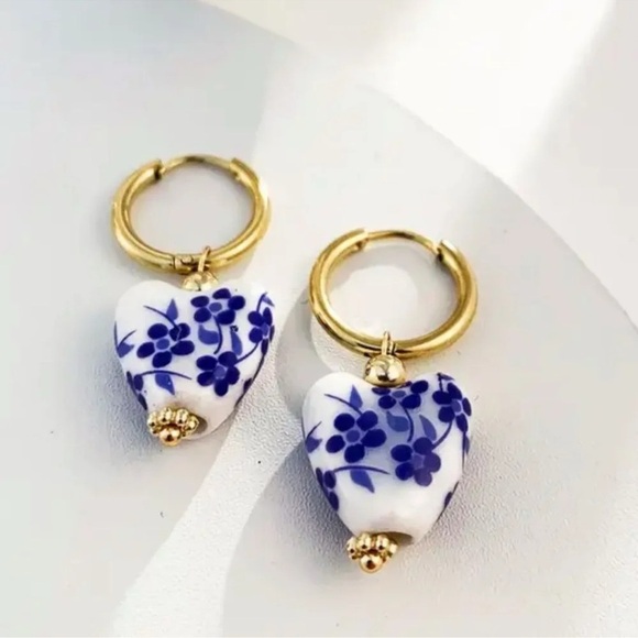 Ethnic Blue Porcelain Heart Stainless Steel Pearl Earrings - Picture 9 of 13